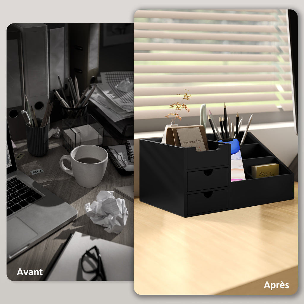 DeskZen™ Bamboe Bureau Organizer – Zwart – 7 Vakken + 2 Lades