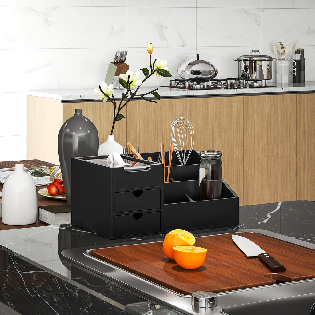 DeskZen™ Bamboe Bureau Organizer – Zwart – 7 Vakken + 2 Lades
