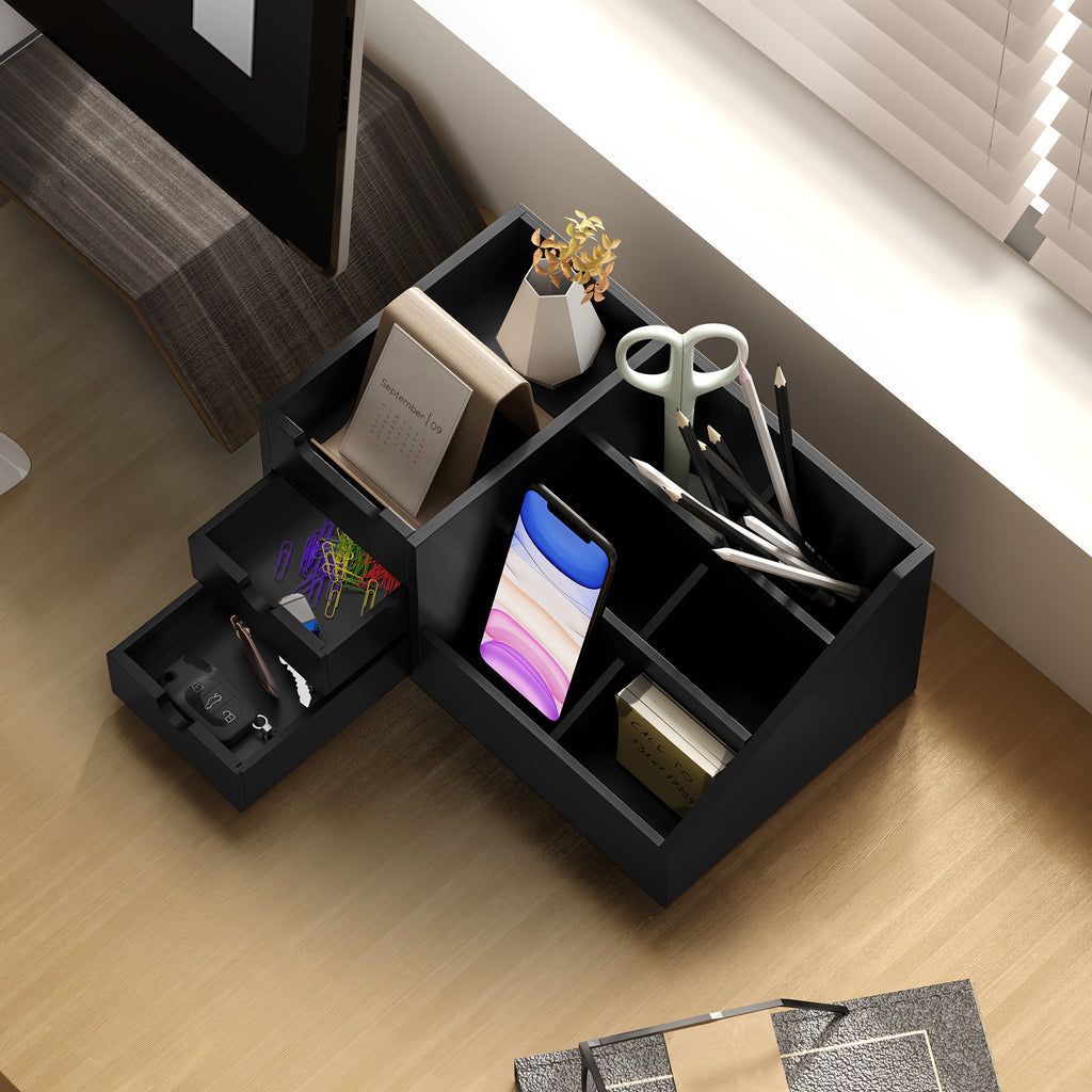 DeskZen™ Bamboe Bureau Organizer – Zwart – 7 Vakken + 2 Lades