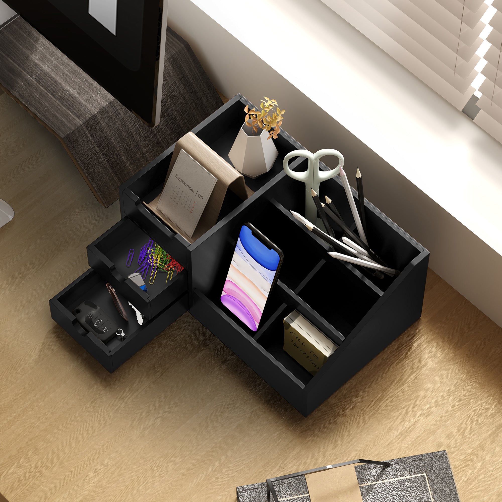 DeskZen™ Bamboe Bureau Organizer – Zwart – 7 Vakken + 2 Lades