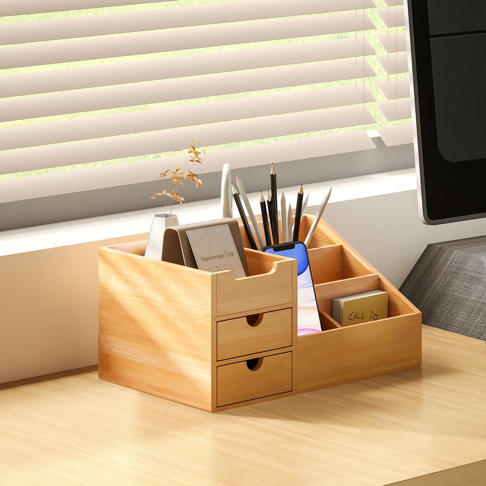 DeskZen™ Bamboe Bureau Organizer – Naturel – 7 Vakken + 2 Lades