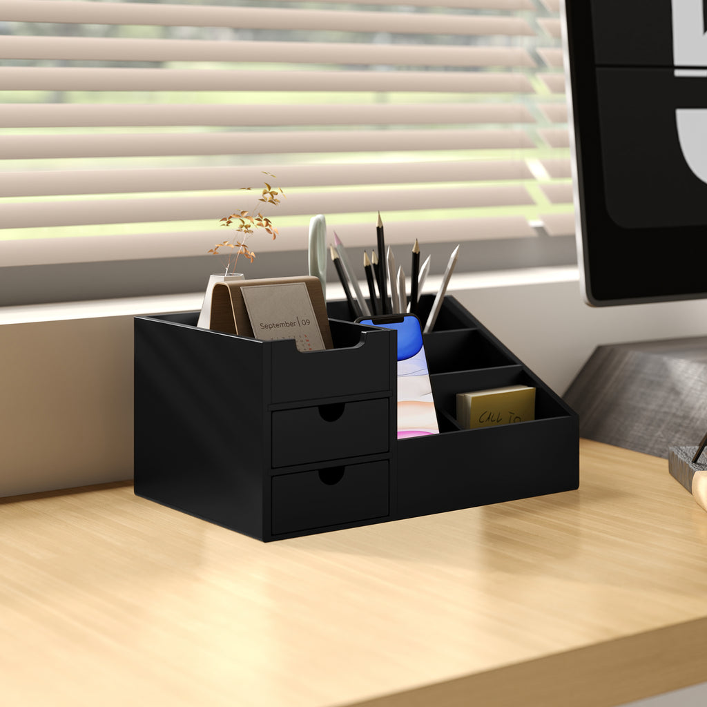 DeskZen™ Bamboe Bureau Organizer – Zwart – 7 Vakken + 2 Lades