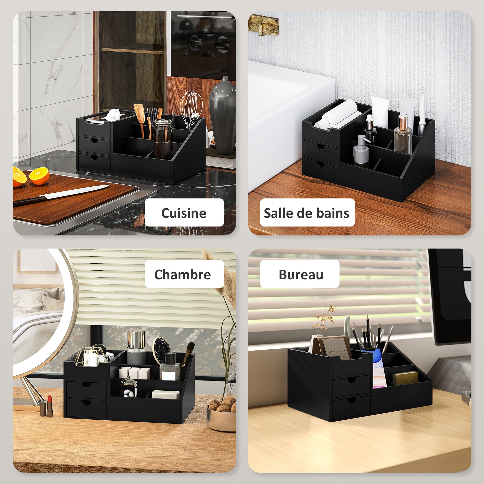 DeskZen™ Bamboe Bureau Organizer – Zwart – 7 Vakken + 2 Lades