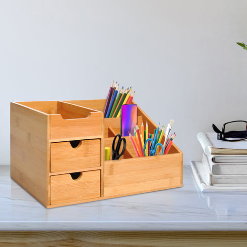 DeskZen™ Bamboe Bureau Organizer – Naturel – 7 Vakken + 2 Lades