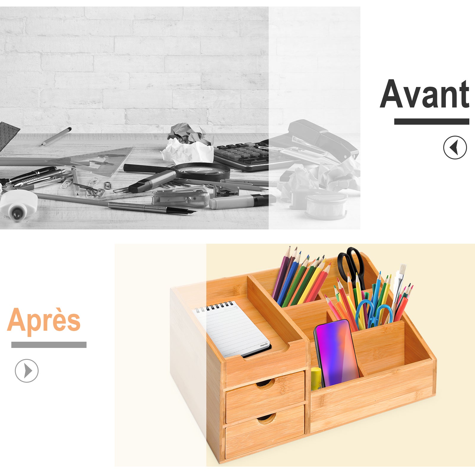 DeskZen™ Bamboe Bureau Organizer – Naturel – 7 Vakken + 2 Lades