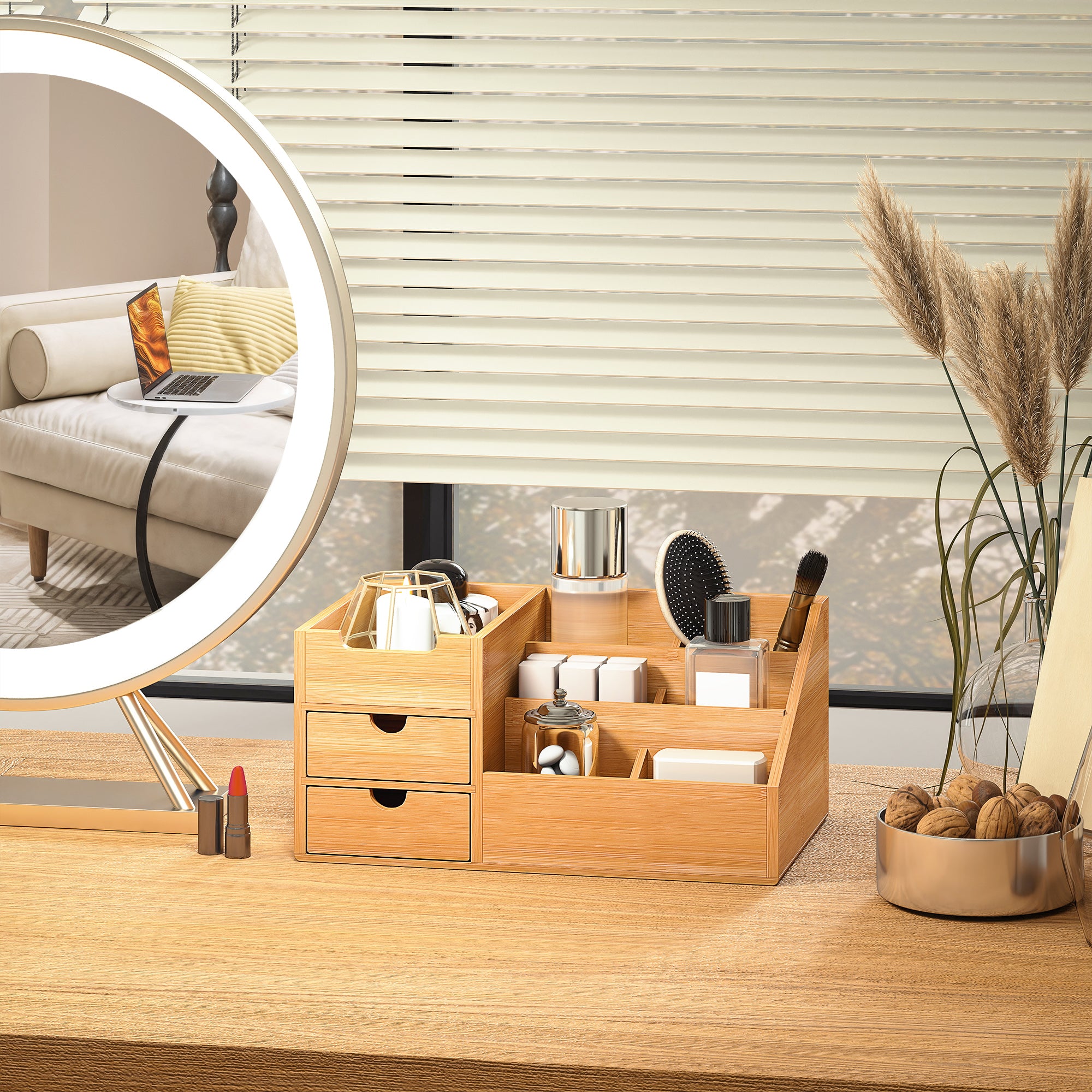 DeskZen™ Bamboe Bureau Organizer – Naturel – 7 Vakken + 2 Lades
