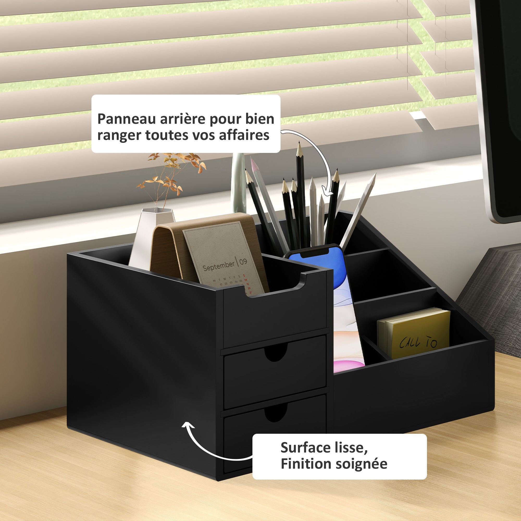 DeskZen™ Bamboe Bureau Organizer – Zwart – 7 Vakken + 2 Lades